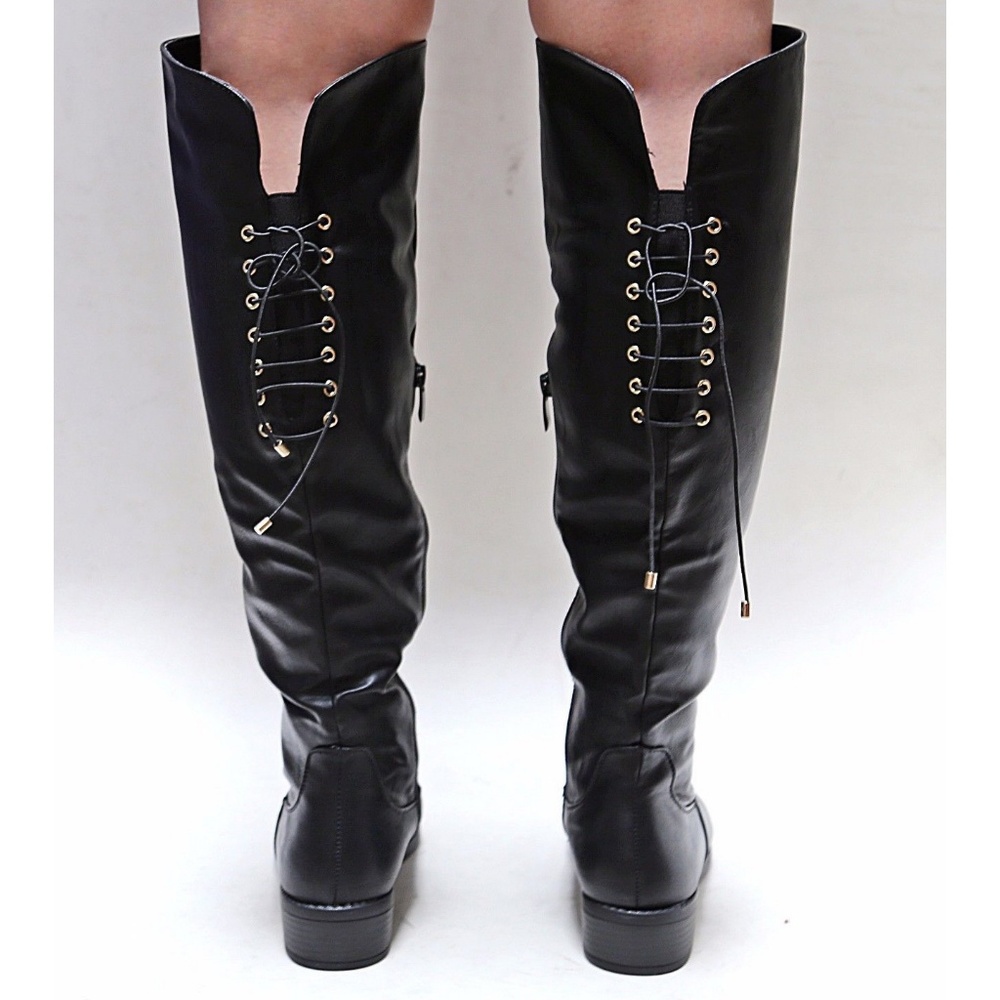 New Black Over the Knee Back Lace Riding Boots - Picture 3 of 4
